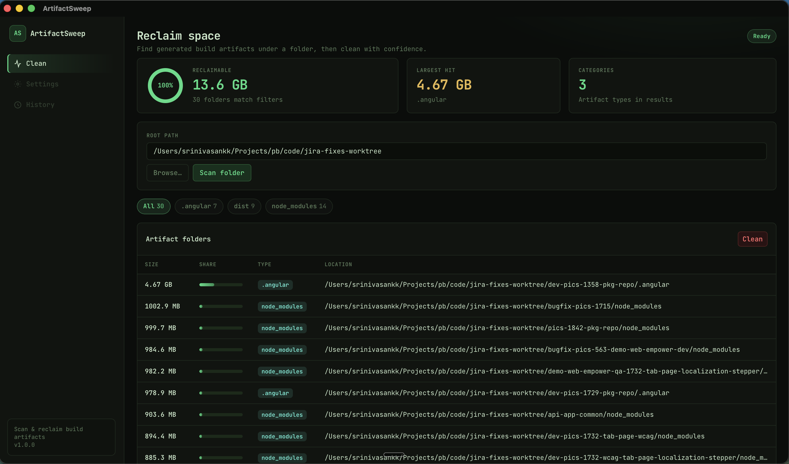 ArtifactSweep desktop scanning project artifacts